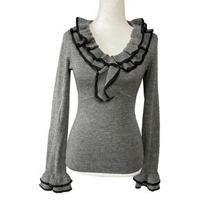 Nanette Lepore Sweater Womens XS Gray Merino Wool Ruffle V-Neck Metallic Trim